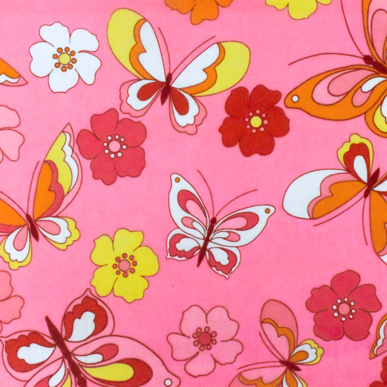 Pink-Multi Floral Butterfly Print Stretch Cotton Poplin Woven Fabric By the Yard